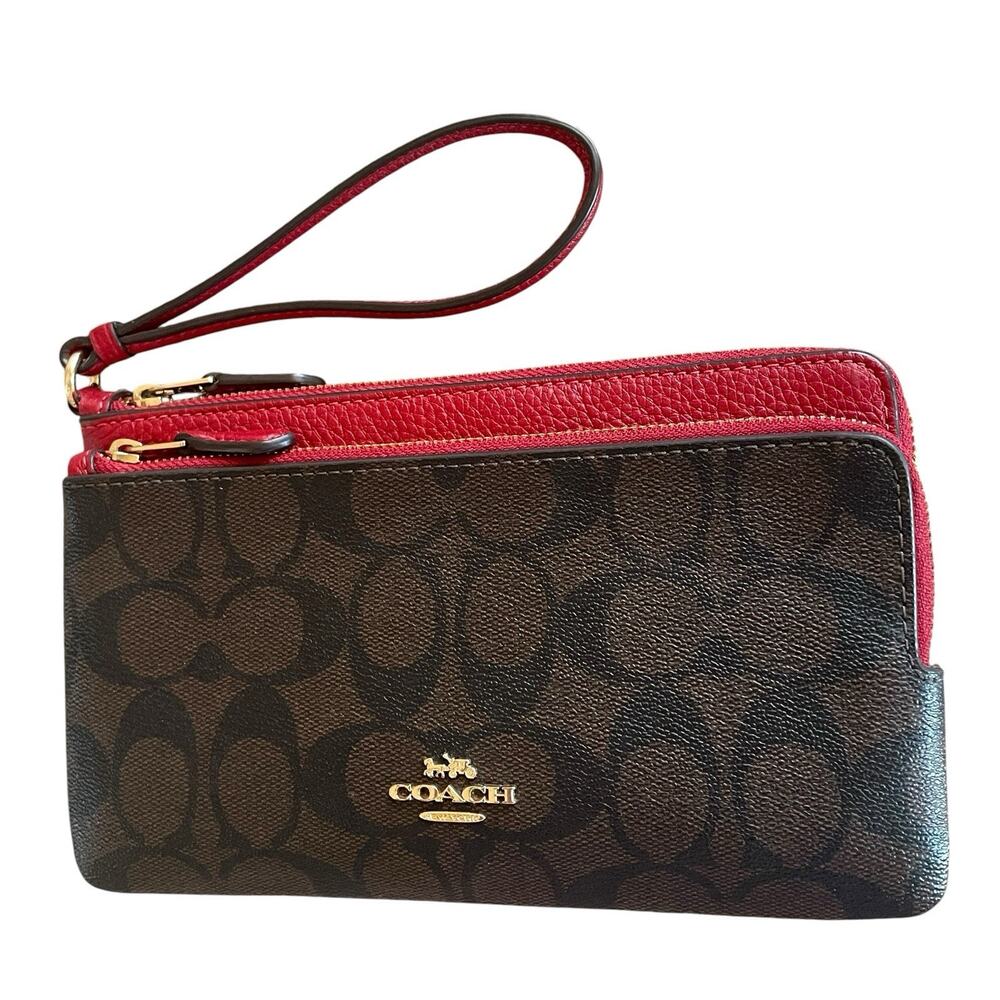 COACH C5576 Brown Signature Canvas 1941 Red Leather Double Zip Wristlet Wallet - Picture 9 of 9